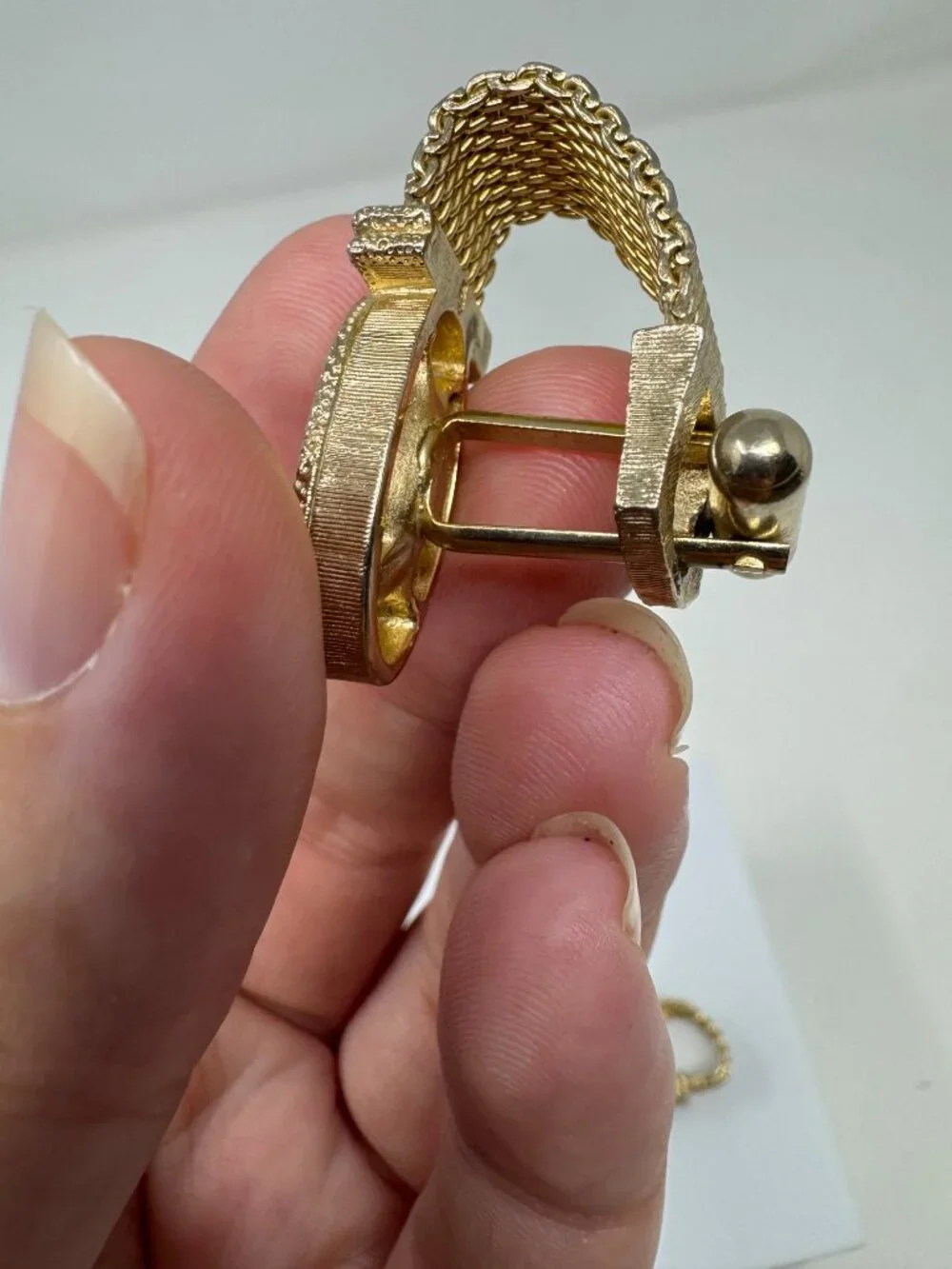 Vintage Gold Tone Mesh Wrap Cufflinks Amber Glass Mid-Century